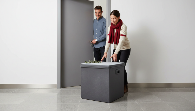 Insulated delivery box arriving at a customer's door