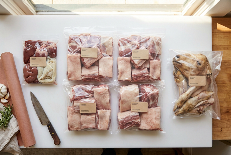 A whole goat order in sealed food-grade bags: large skin-on pieces, organs, and head and feet packed separately
